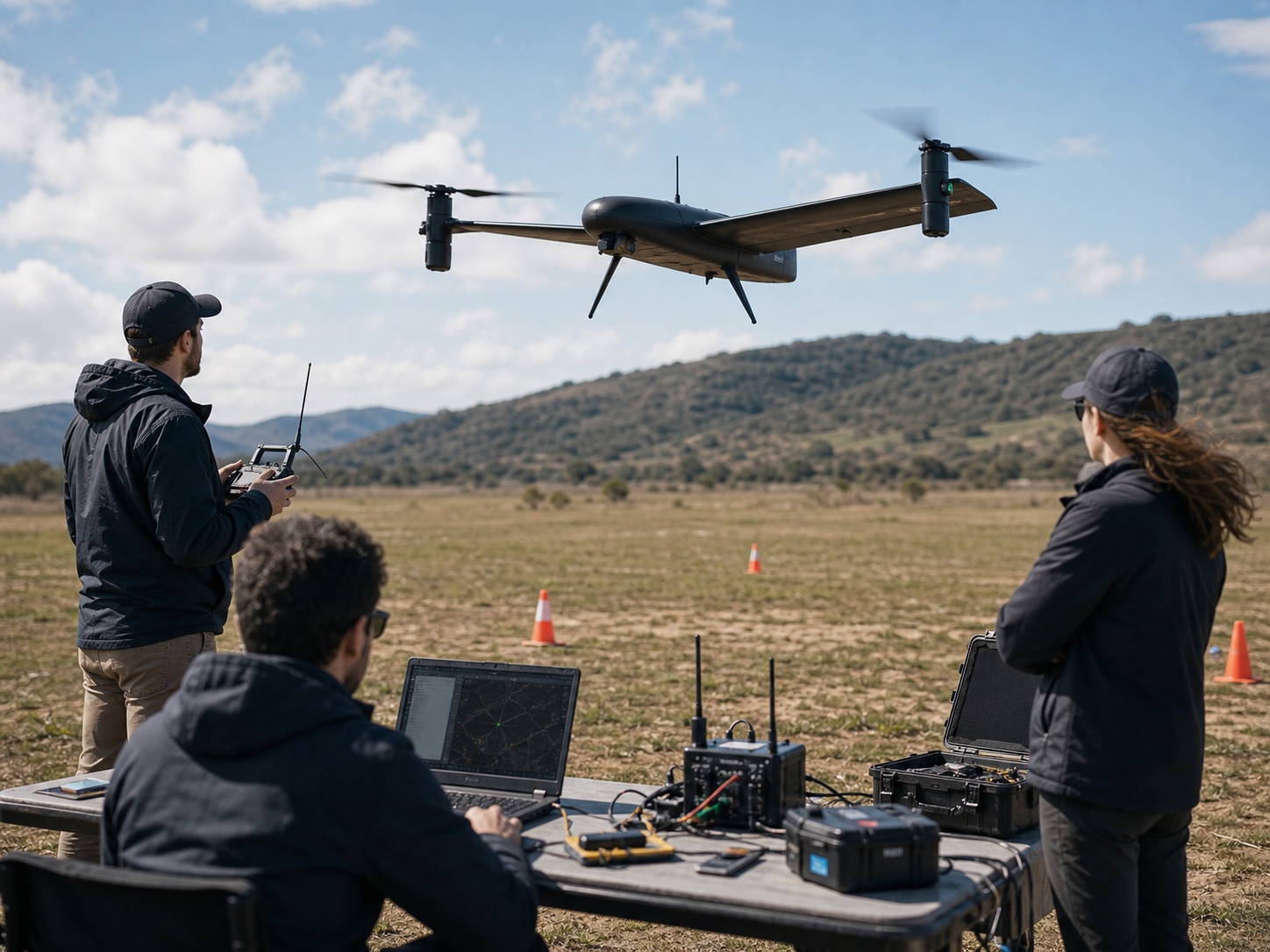 Engineers field testing an autonomous VTOL drone with telemetry equipment at an outdoor test range.