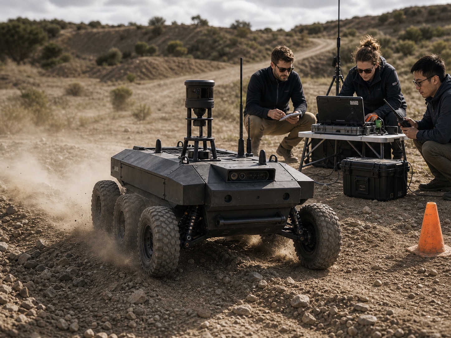 Engineers field testing an autonomous rover over rough terrain with telemetry equipment.