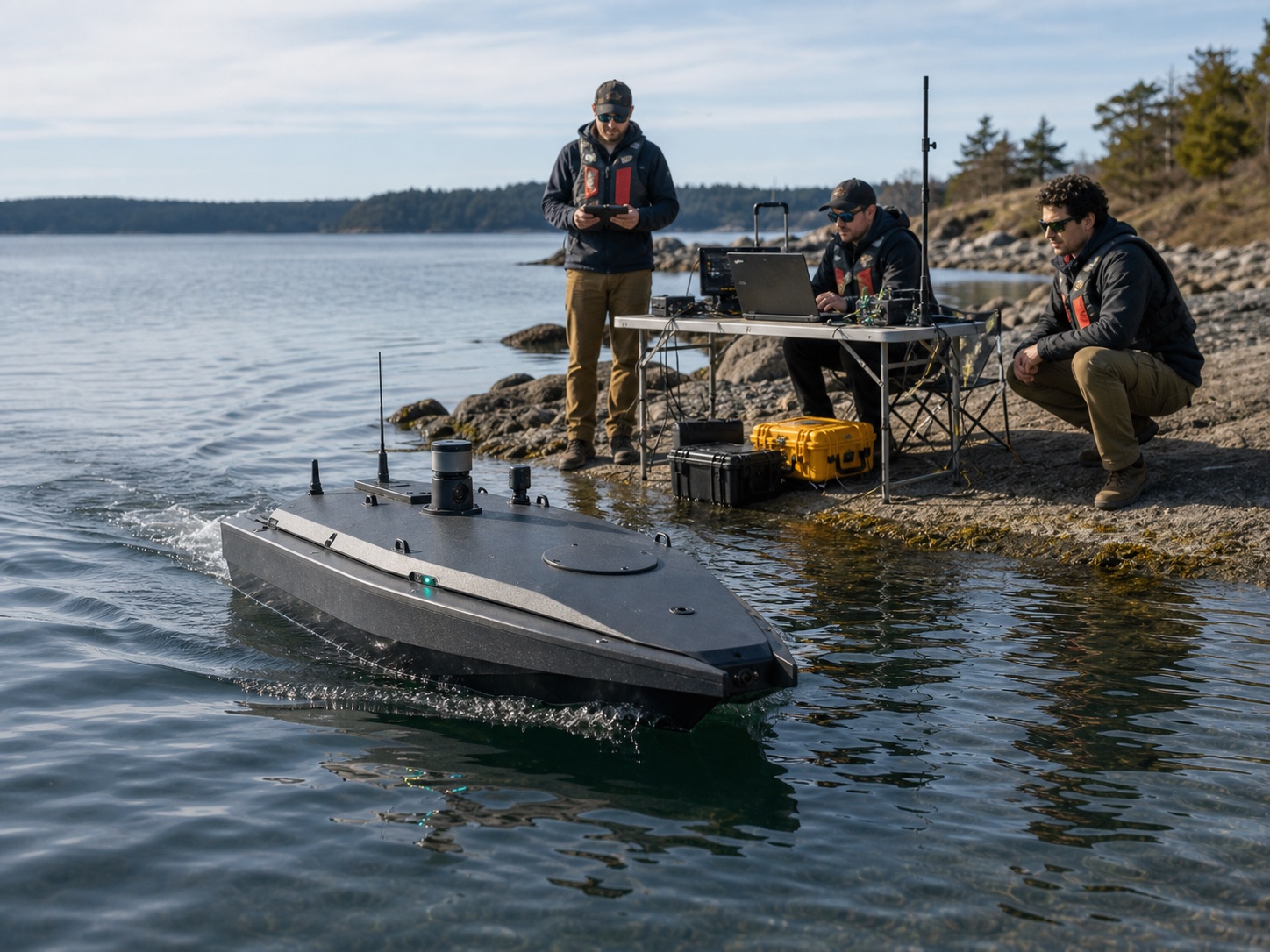 Engineers field testing an autonomous surface vessel from a shoreline telemetry station.
