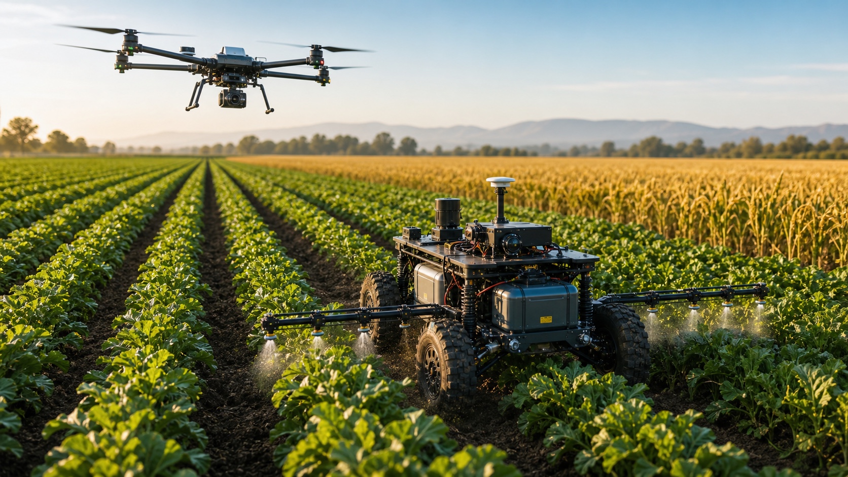 Autonomous crop-spraying rover and monitoring drone working across crop rows.