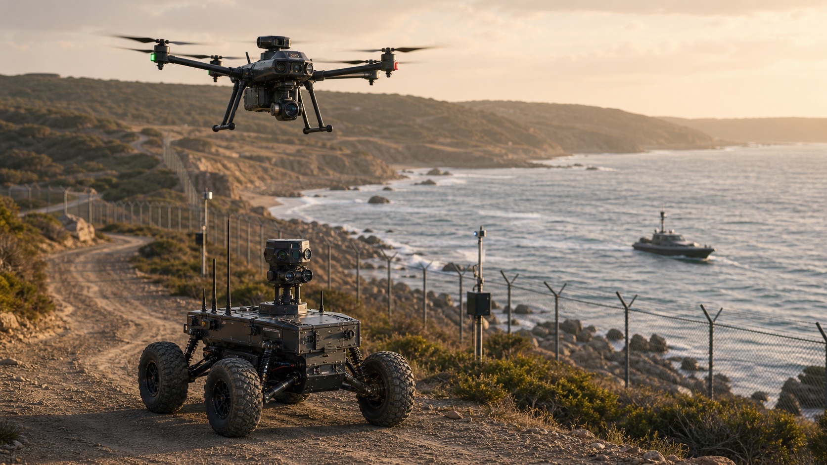 Autonomous drone, rover and surface vessel monitoring a remote coastal security perimeter.