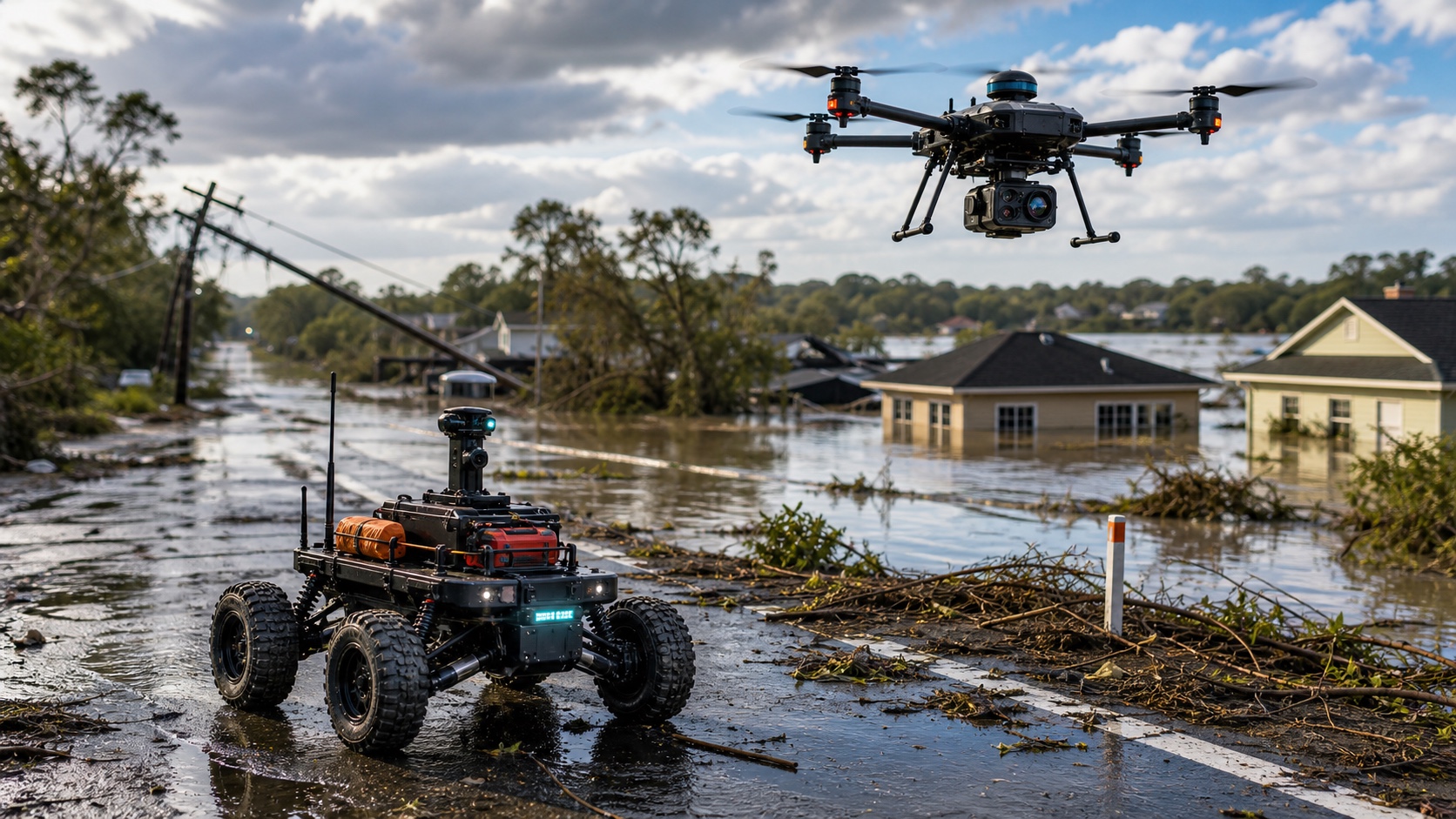 Autonomous search-and-rescue drone and ground rover operating through a flood-damaged road.