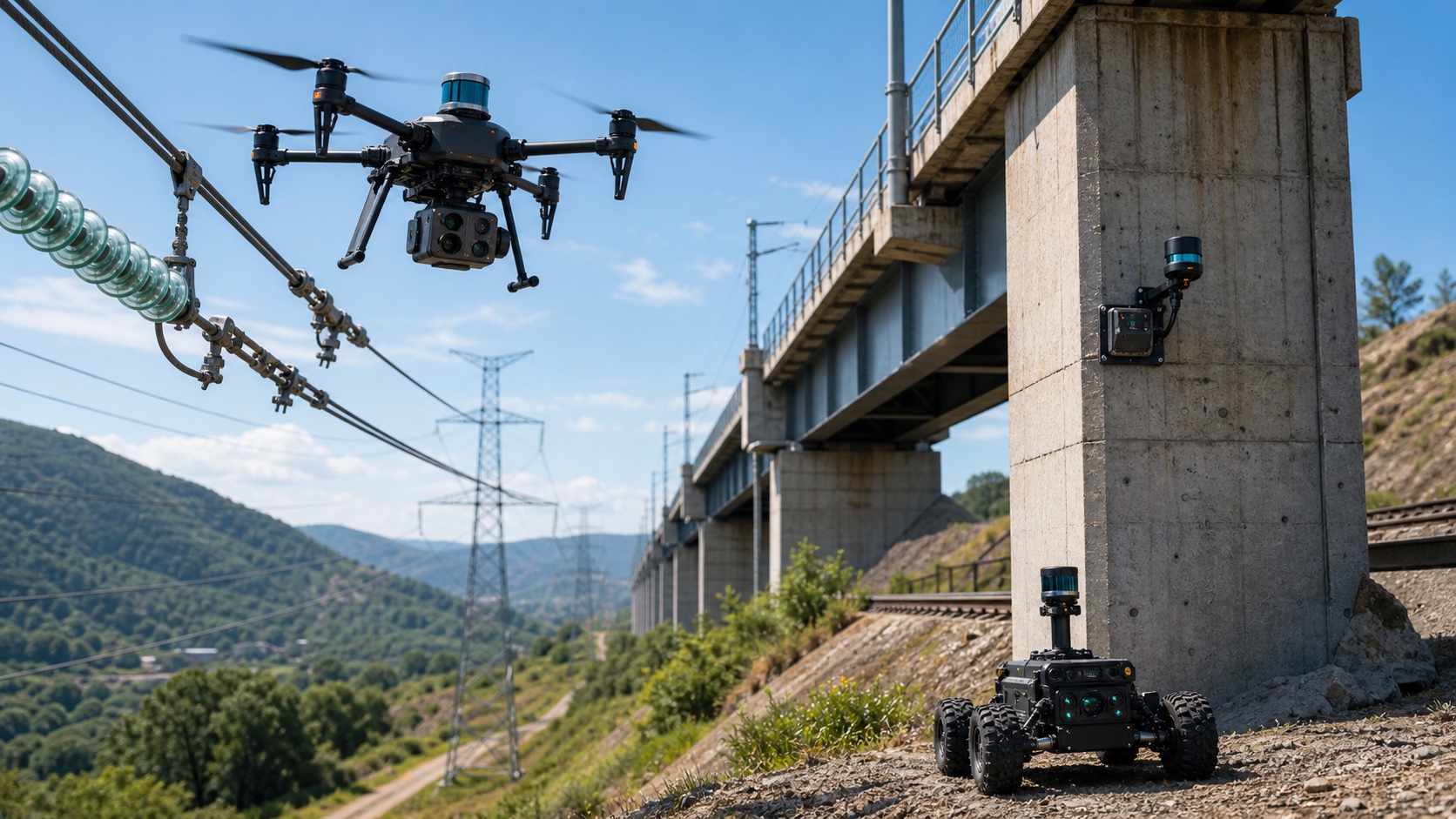 Autonomous drone and ground rover inspecting power lines, rail and bridge infrastructure.