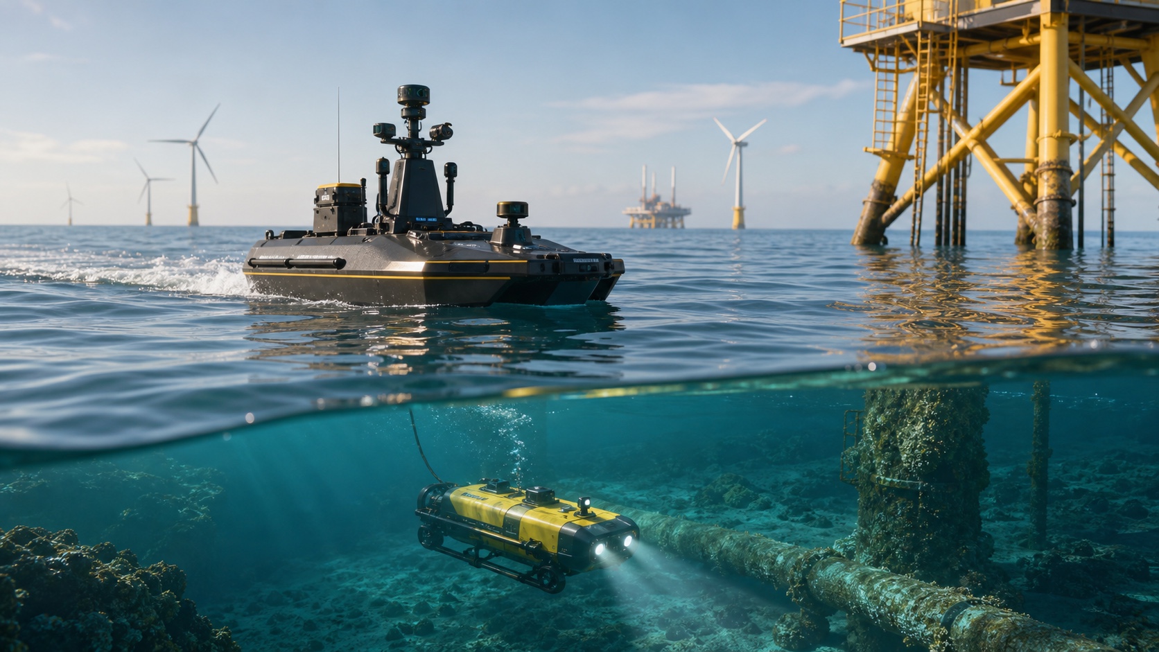 Autonomous surface vessel and underwater vehicle inspecting offshore energy infrastructure.
