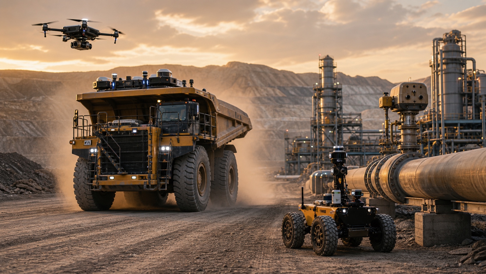 Autonomous haul truck, survey drone and inspection rover operating across a mine and pipeline site.