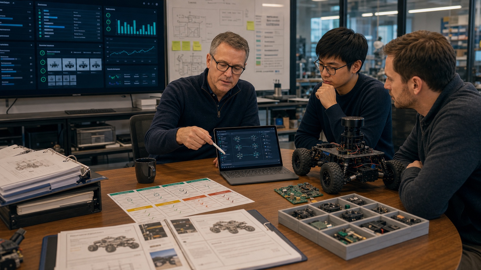 Senior engineer auditing a controlled decision workflow with mission evidence, components and autonomous rover hardware.