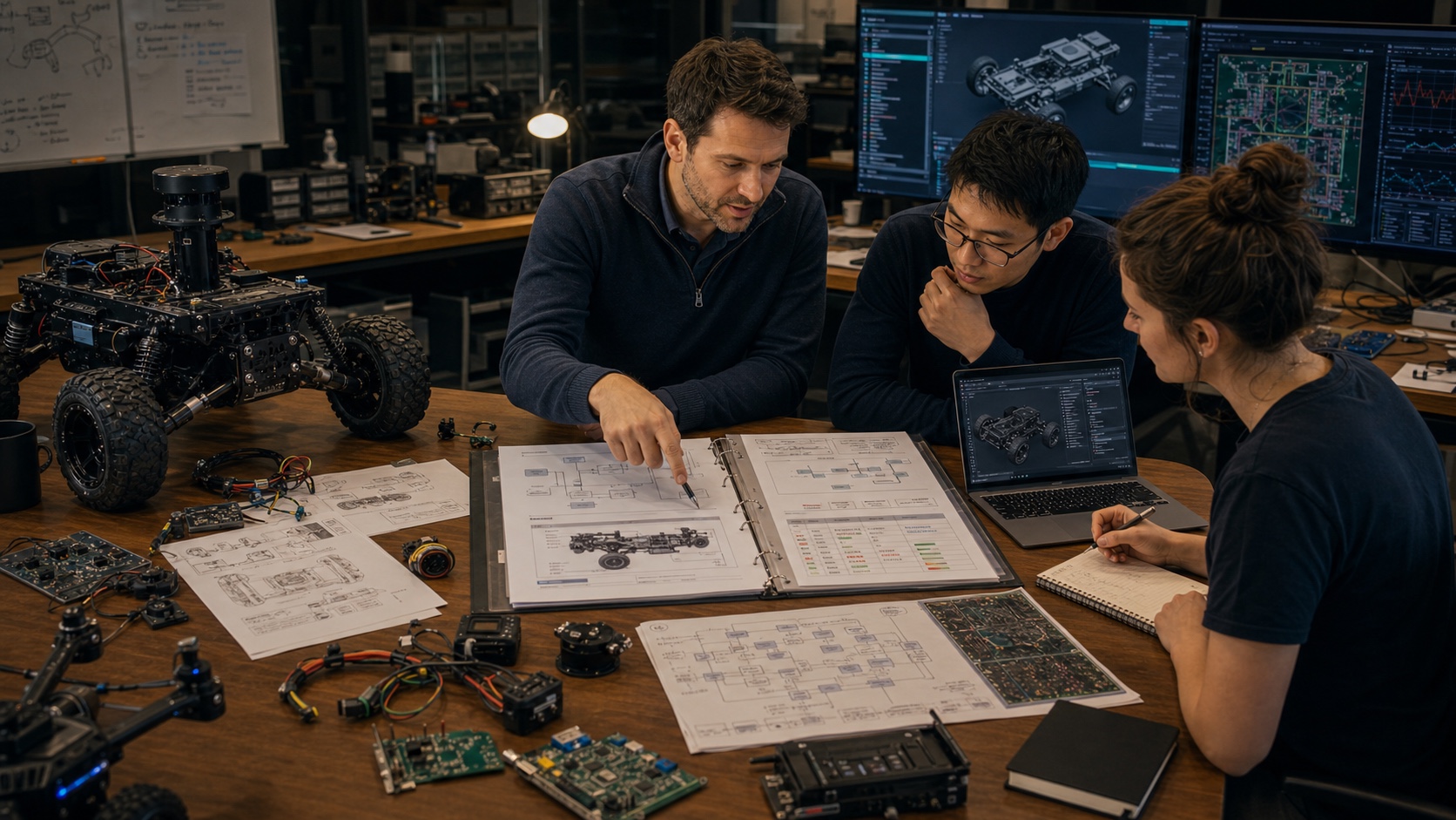 Engineering team reviewing a specification binder, build architecture and prototype hardware for an autonomous rover.