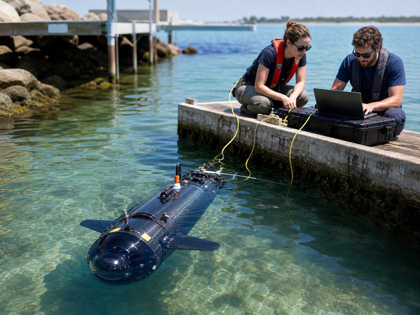 Engineers field testing a compact autonomous underwater vehicle from a coastal telemetry station.
